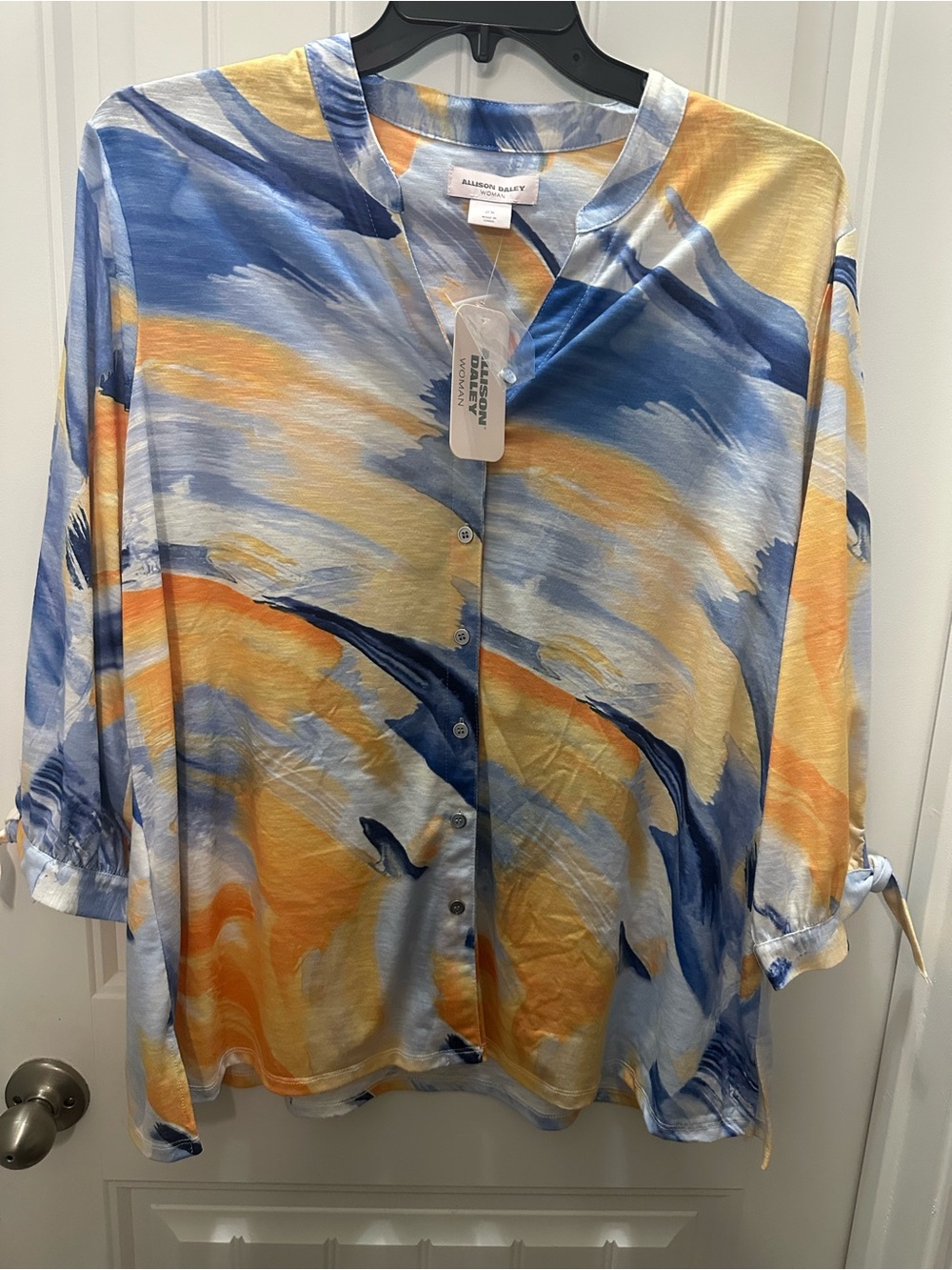 NWT Allison Daley Blue & Yellow Abstract Button-Front knit blouse 2x boho